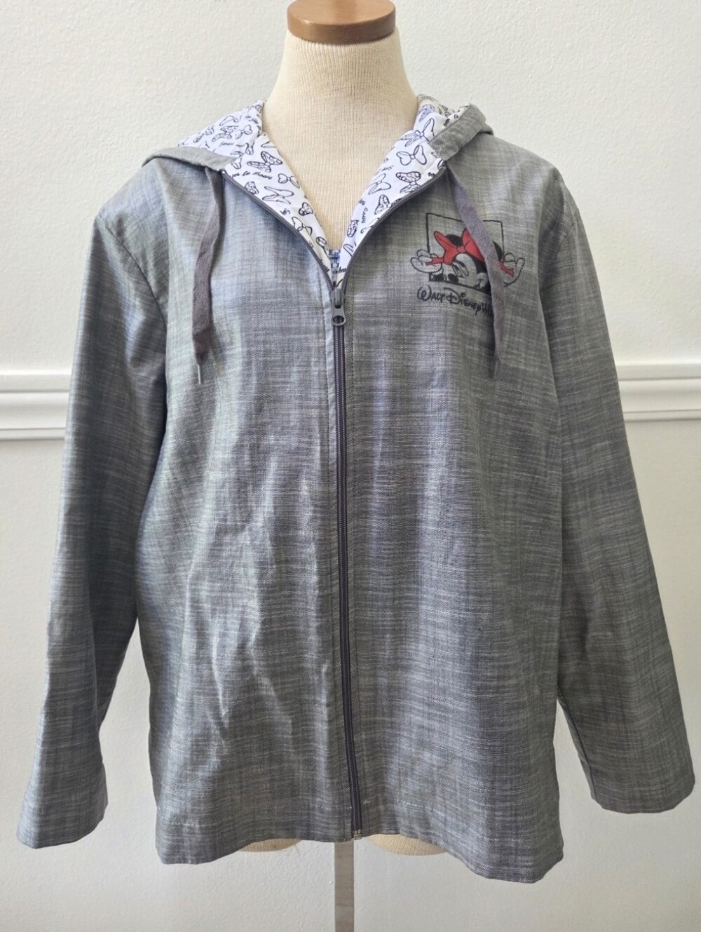 Disneyland Minnie Mouse SAY YES TO BOWS Gray Women's Zip-Up Hooded Rain Jacket